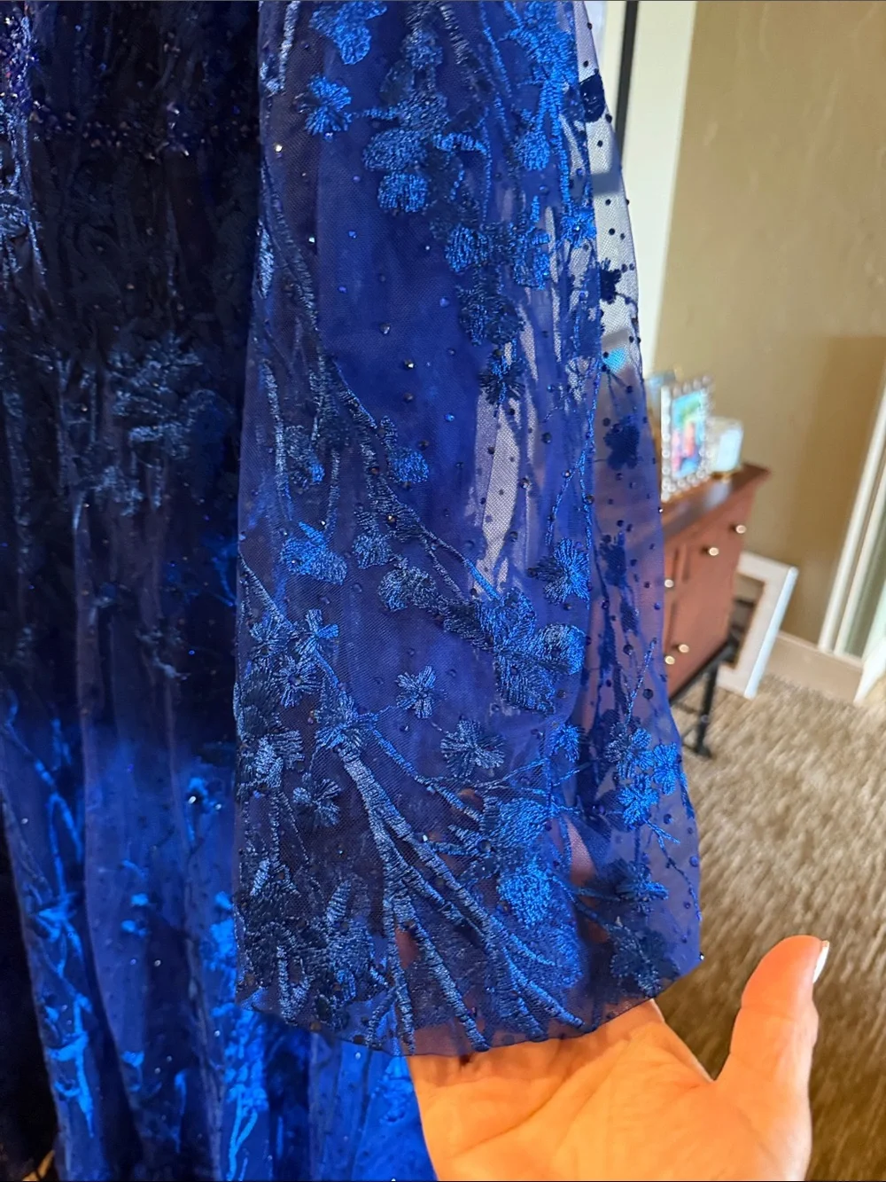 Mac Duggal Royal Blue Sheer Embroidered Long Sleeve Gown